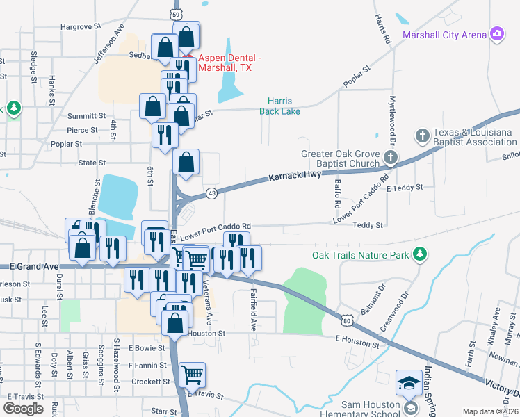 map of restaurants, bars, coffee shops, grocery stores, and more near 2301 Port Caddo Road in Marshall