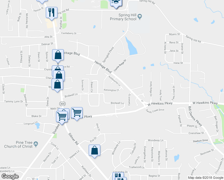 map of restaurants, bars, coffee shops, grocery stores, and more near 1128 Kensington Court in Longview