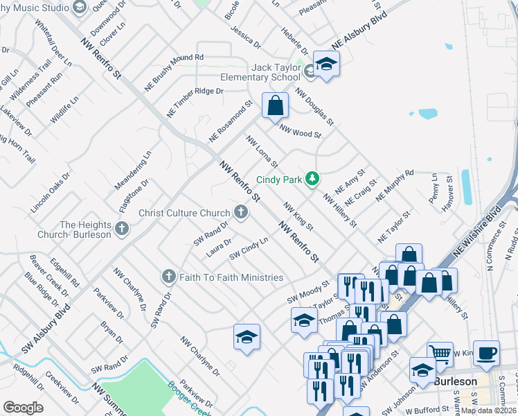 map of restaurants, bars, coffee shops, grocery stores, and more near 617 Northwest Renfro Street in Burleson