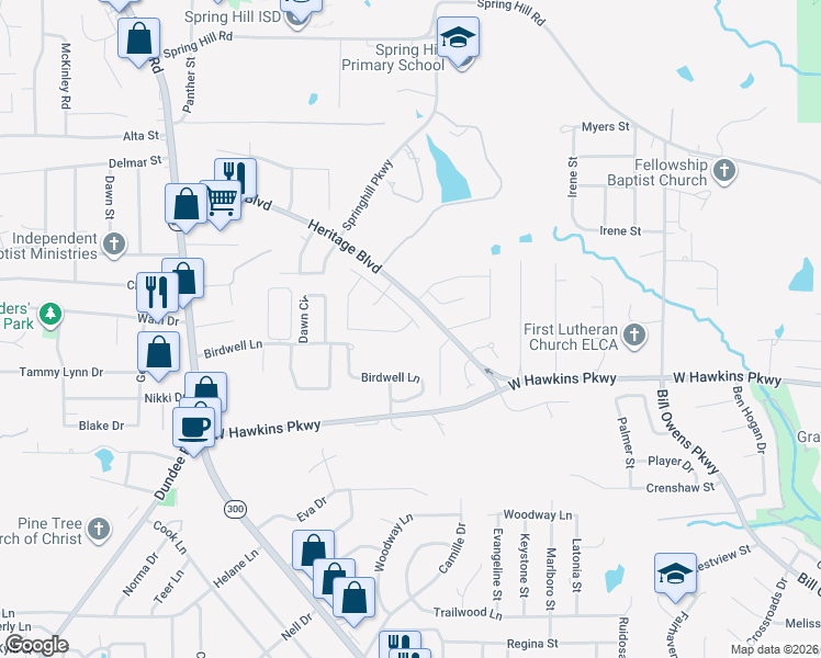 map of restaurants, bars, coffee shops, grocery stores, and more near 1112 Ashbourne Ln in Longview