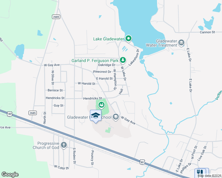 map of restaurants, bars, coffee shops, grocery stores, and more near 2200 West Hampton Street in Gladewater