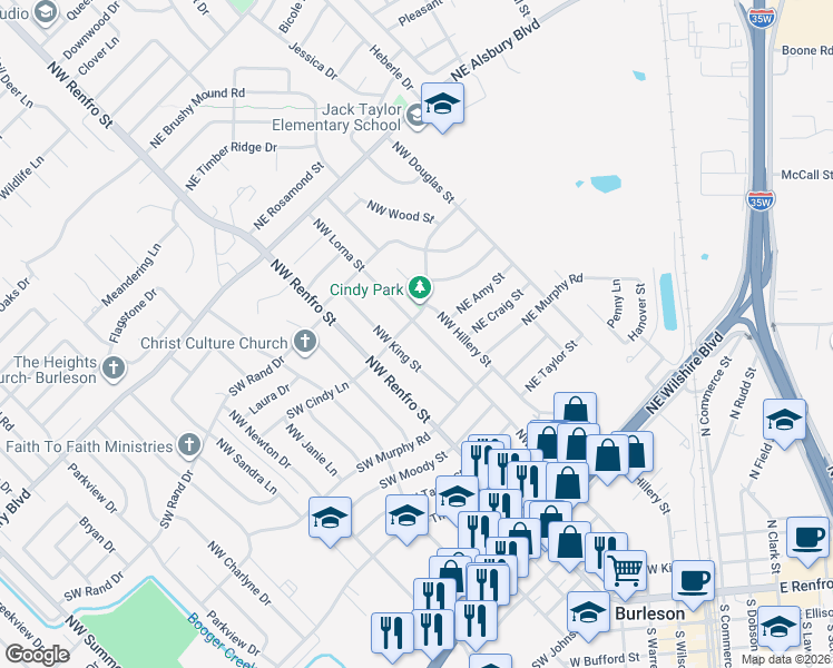 map of restaurants, bars, coffee shops, grocery stores, and more near 557 Northwest Lorna Street in Burleson