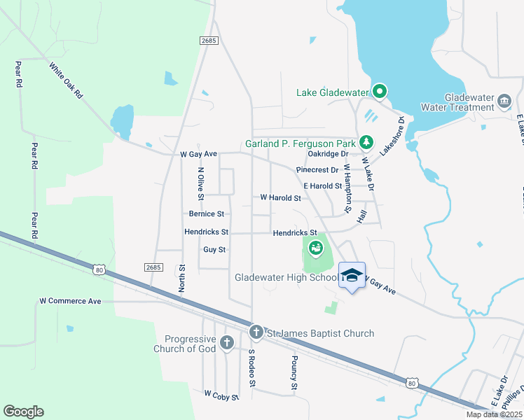 map of restaurants, bars, coffee shops, grocery stores, and more near 2604 West Hampton Street in Gladewater