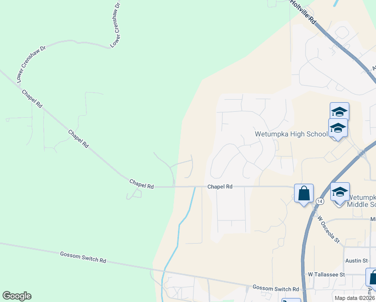 map of restaurants, bars, coffee shops, grocery stores, and more near 2 Fanoni Lane in Wetumpka