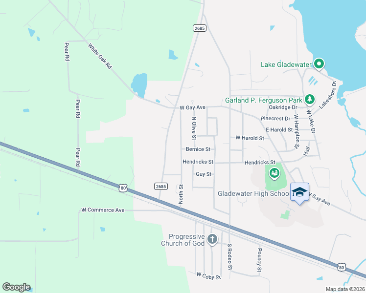 map of restaurants, bars, coffee shops, grocery stores, and more near 1100 North Street in Gladewater