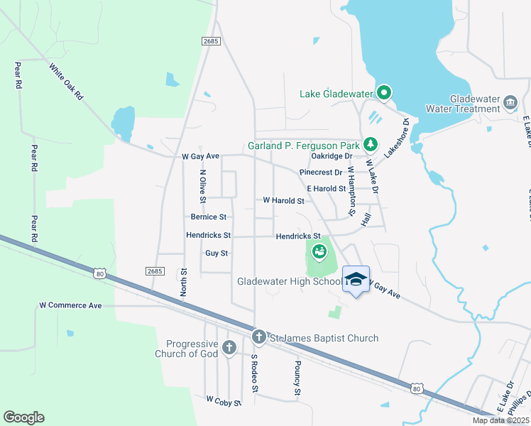 map of restaurants, bars, coffee shops, grocery stores, and more near 2604 West Hampton Street in Gladewater