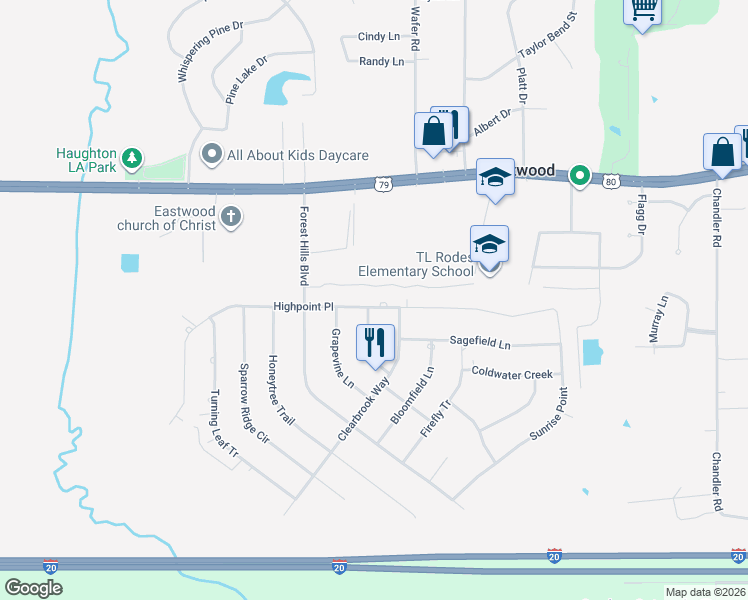 map of restaurants, bars, coffee shops, grocery stores, and more near 2029 Highpoint Place in Haughton
