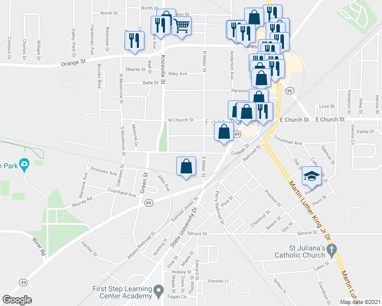 map of restaurants, bars, coffee shops, grocery stores, and more near College Street in Fort Valley