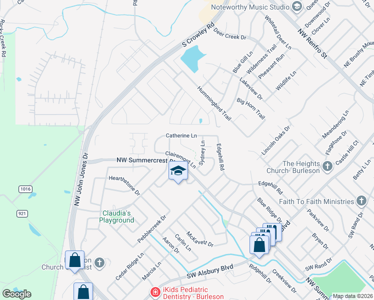 map of restaurants, bars, coffee shops, grocery stores, and more near 1209 Claire Court in Burleson