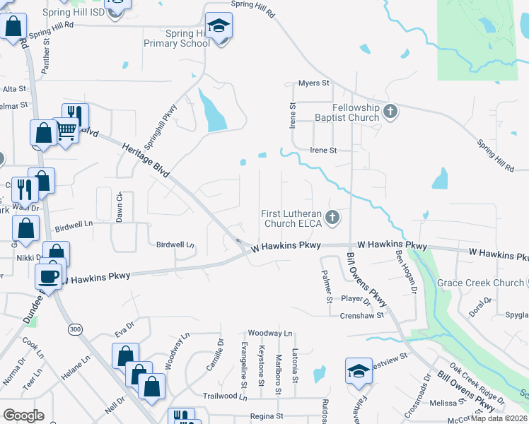 map of restaurants, bars, coffee shops, grocery stores, and more near 3808 Holly Ridge Drive in Longview
