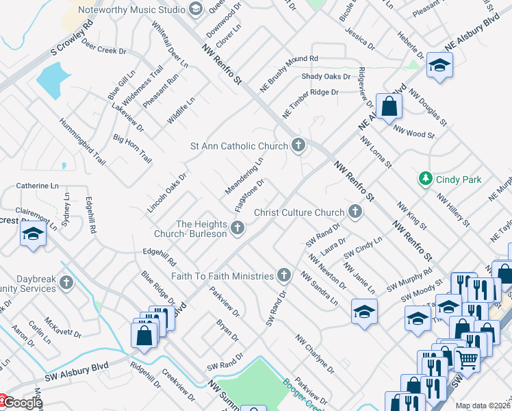 map of restaurants, bars, coffee shops, grocery stores, and more near 804 Spyglass Court in Burleson