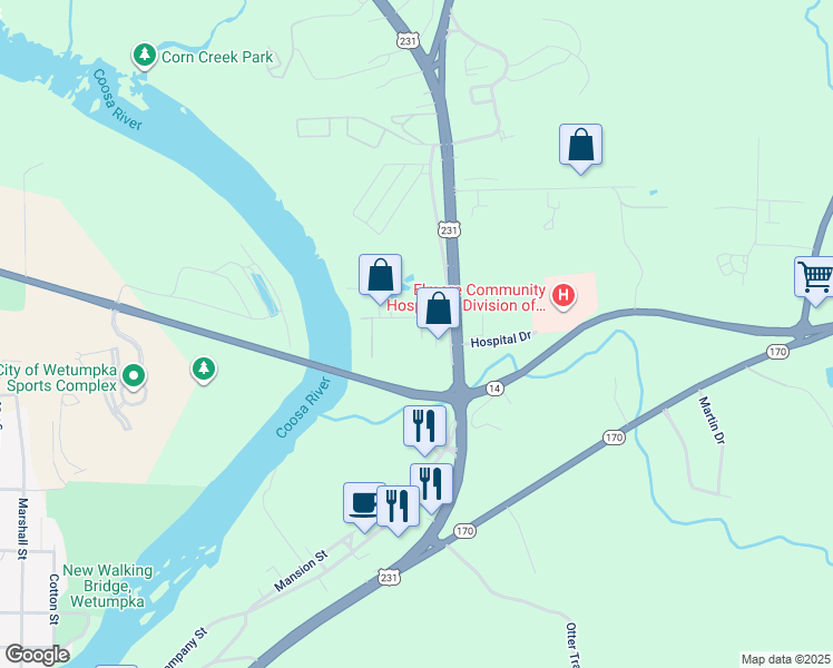 map of restaurants, bars, coffee shops, grocery stores, and more near 10 Elmwood Court in Wetumpka