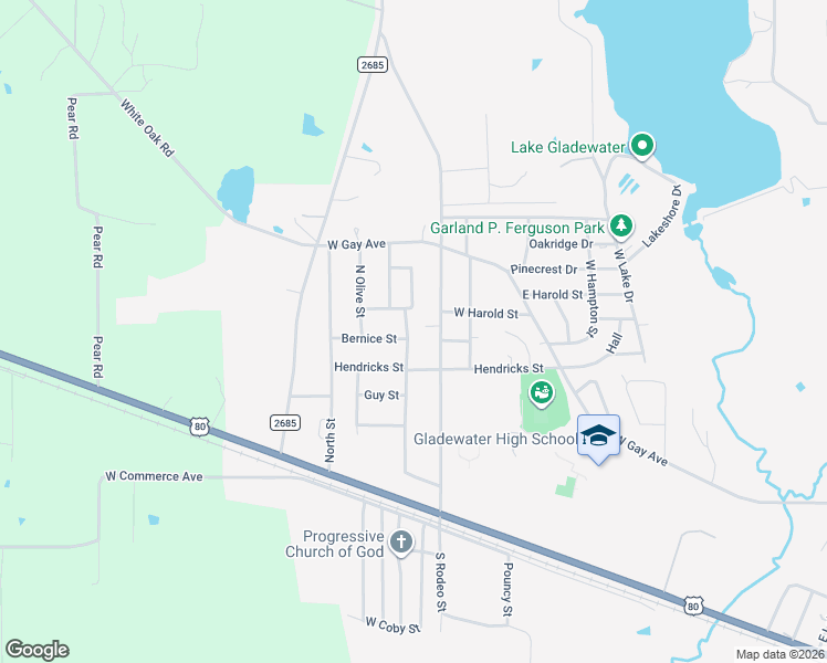 map of restaurants, bars, coffee shops, grocery stores, and more near 1102 North Culver Street in Gladewater