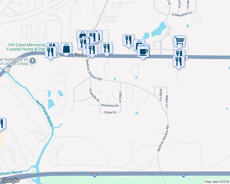 map of restaurants, bars, coffee shops, grocery stores, and more near 950 Villa Circle in Haughton