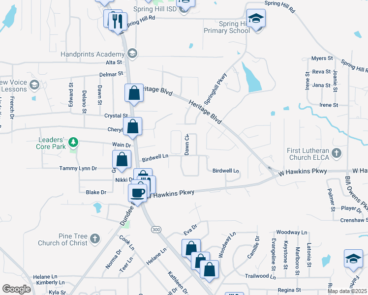 map of restaurants, bars, coffee shops, grocery stores, and more near 33 Dawn Circle in Longview