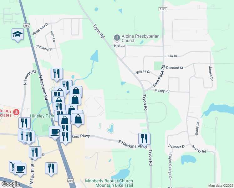 map of restaurants, bars, coffee shops, grocery stores, and more near 308 Beaty Drive in Longview