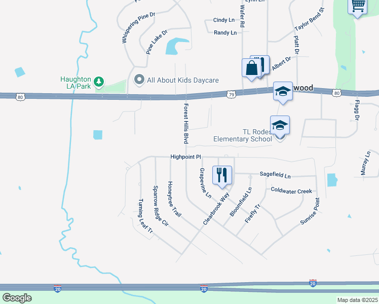 map of restaurants, bars, coffee shops, grocery stores, and more near 2001 Highpoint Place in Haughton