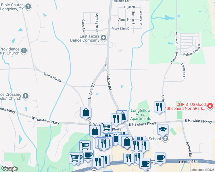 map of restaurants, bars, coffee shops, grocery stores, and more near 3401 Judson Road in Longview