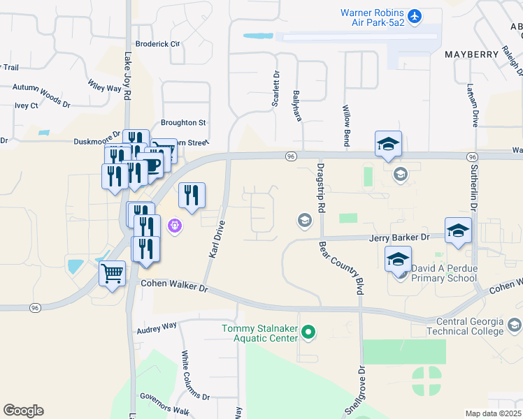 map of restaurants, bars, coffee shops, grocery stores, and more near 2006 Karl Drive in Warner Robins