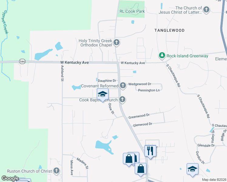 map of restaurants, bars, coffee shops, grocery stores, and more near 1503 Bourdeaux Drive in Ruston