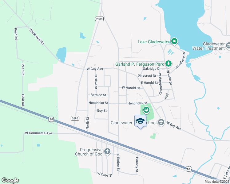map of restaurants, bars, coffee shops, grocery stores, and more near 1102 North Culver Street in Gladewater