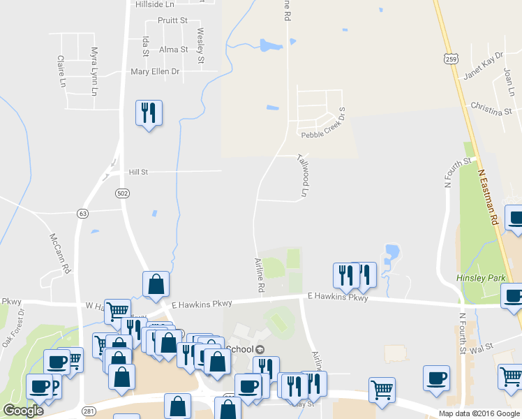 map of restaurants, bars, coffee shops, grocery stores, and more near 2 Tallwood Lane in Longview
