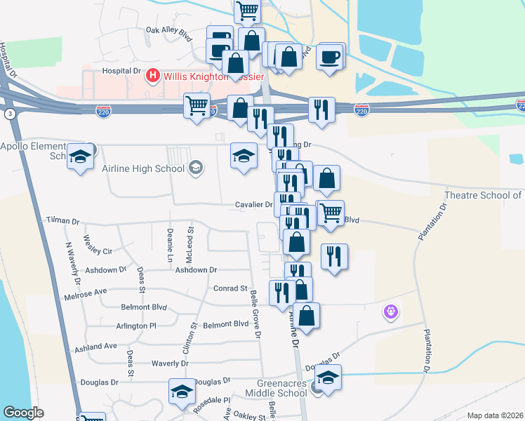 map of restaurants, bars, coffee shops, grocery stores, and more near 2719 Airline Drive in Bossier City