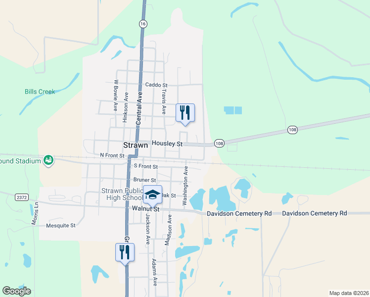 map of restaurants, bars, coffee shops, grocery stores, and more near 318 Housley Street in Strawn