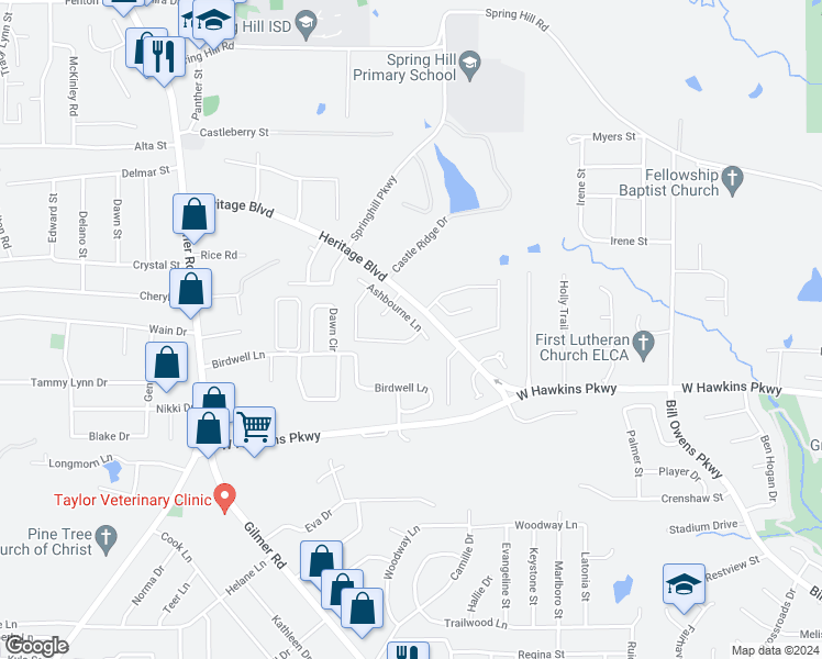 map of restaurants, bars, coffee shops, grocery stores, and more near 1138 Kensington Court in Longview