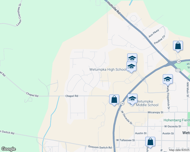 map of restaurants, bars, coffee shops, grocery stores, and more near 55 Barnes Court in Wetumpka