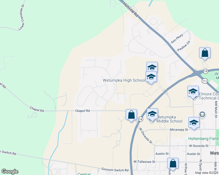 map of restaurants, bars, coffee shops, grocery stores, and more near 55 Barnes Court in Wetumpka
