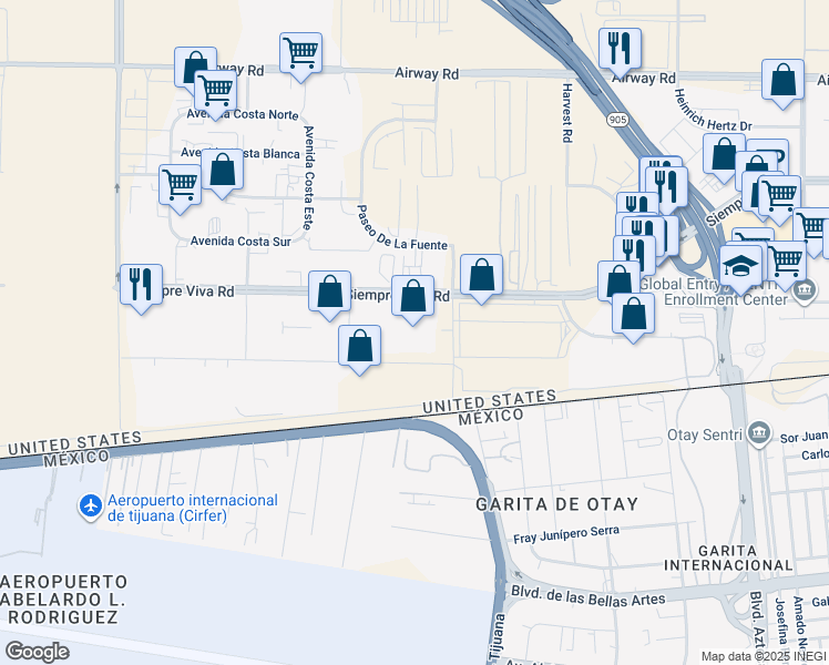 map of restaurants, bars, coffee shops, grocery stores, and more near 9043 Siempre Viva Road in San Diego