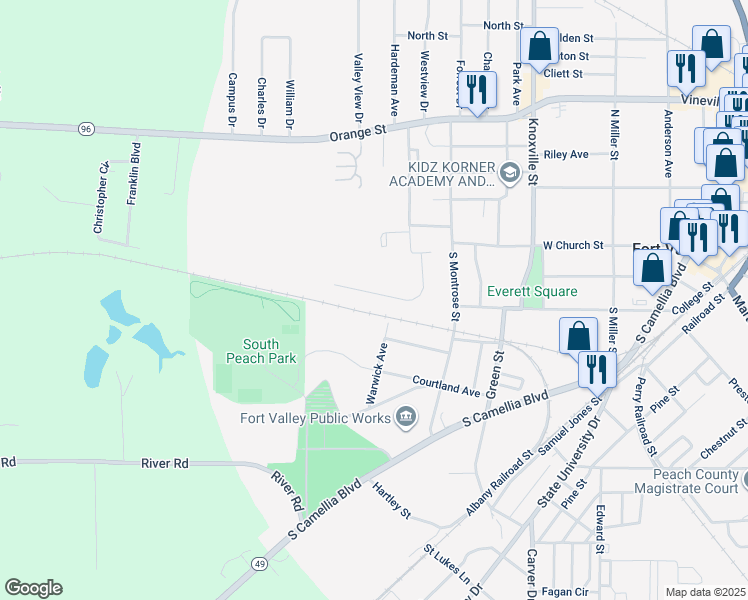 map of restaurants, bars, coffee shops, grocery stores, and more near 312 Warwick Avenue in Fort Valley
