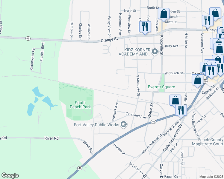 map of restaurants, bars, coffee shops, grocery stores, and more near 300 Warwick Avenue in Fort Valley