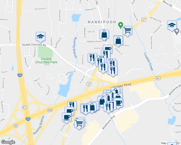map of restaurants, bars, coffee shops, grocery stores, and more near 2801 Double Churches Road in Columbus