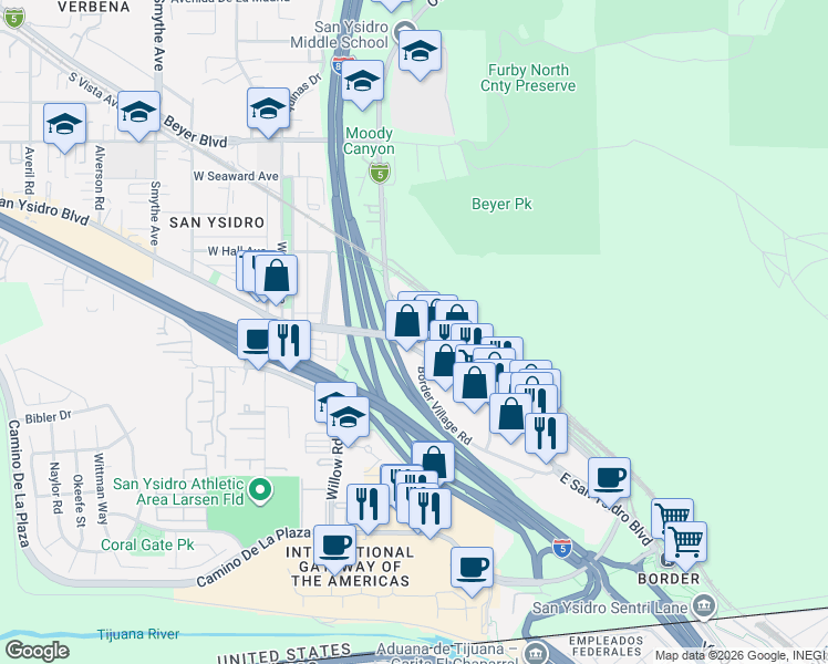 map of restaurants, bars, coffee shops, grocery stores, and more near 323 East San Ysidro Boulevard in San Diego