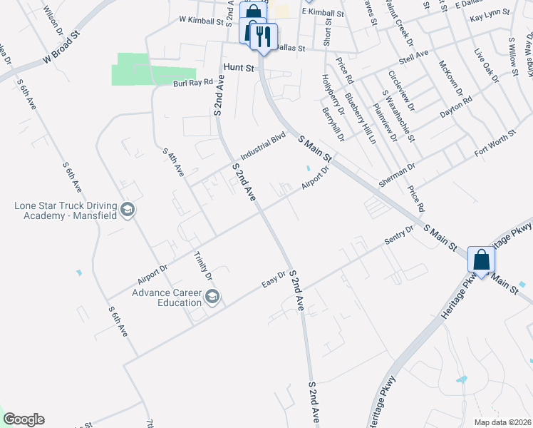 map of restaurants, bars, coffee shops, grocery stores, and more near 933 South 2nd Avenue in Mansfield