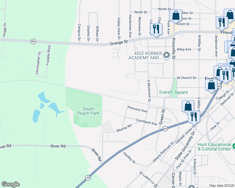 map of restaurants, bars, coffee shops, grocery stores, and more near 133 Ronald Pride Blvd in Fort Valley
