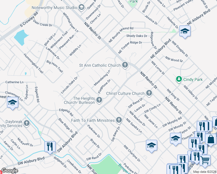 map of restaurants, bars, coffee shops, grocery stores, and more near 804 Spyglass Court in Burleson