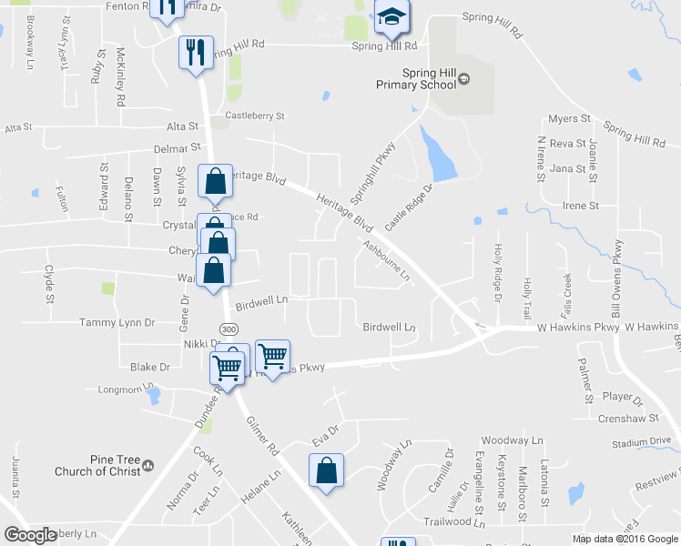map of restaurants, bars, coffee shops, grocery stores, and more near 9 Dawn Circle in Longview