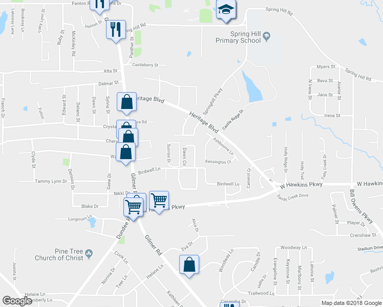 map of restaurants, bars, coffee shops, grocery stores, and more near 10 Dawn Circle in Longview