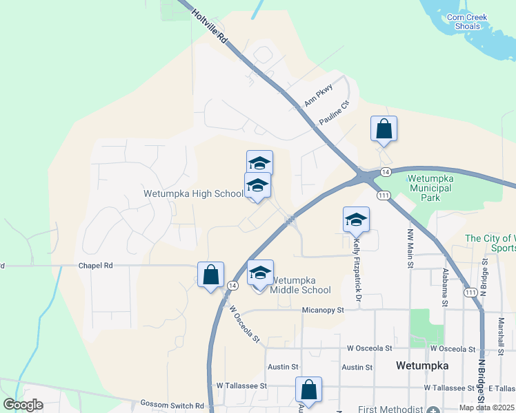 map of restaurants, bars, coffee shops, grocery stores, and more near 1251 Coosa River Parkway in Wetumpka
