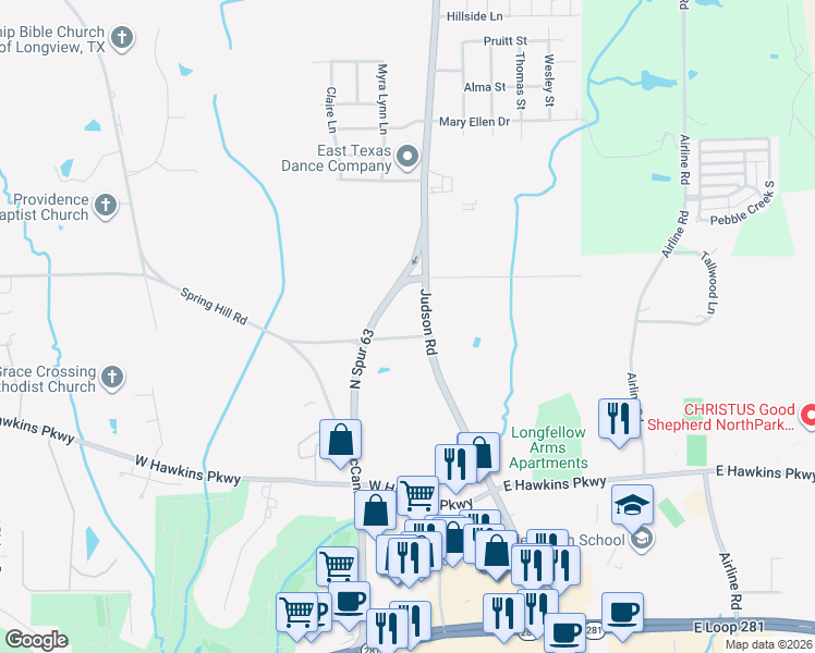 map of restaurants, bars, coffee shops, grocery stores, and more near 3401 Judson Road in Longview