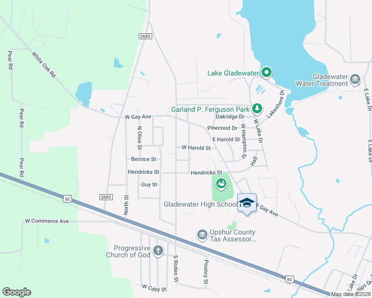 map of restaurants, bars, coffee shops, grocery stores, and more near 2604 West Hampton Street in Gladewater