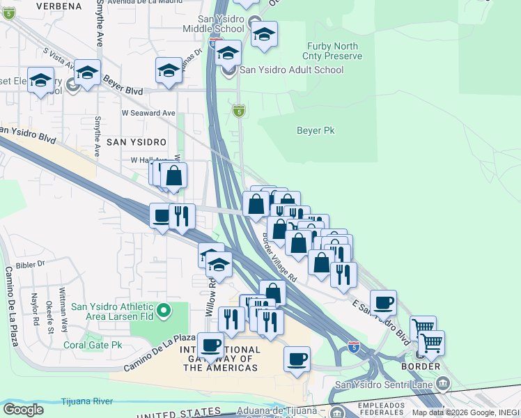 map of restaurants, bars, coffee shops, grocery stores, and more near 323 East San Ysidro Boulevard in San Diego