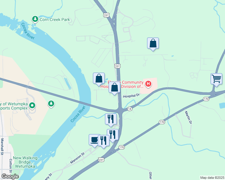 map of restaurants, bars, coffee shops, grocery stores, and more near 10 Elmwood Court in Wetumpka