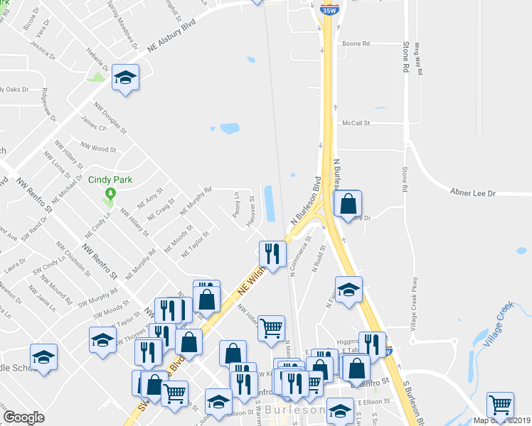 map of restaurants, bars, coffee shops, grocery stores, and more near 410 Hanover Street in Burleson