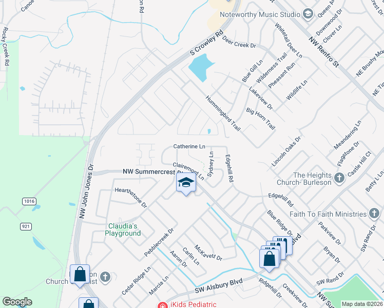 map of restaurants, bars, coffee shops, grocery stores, and more near 1209 Claire Court in Burleson