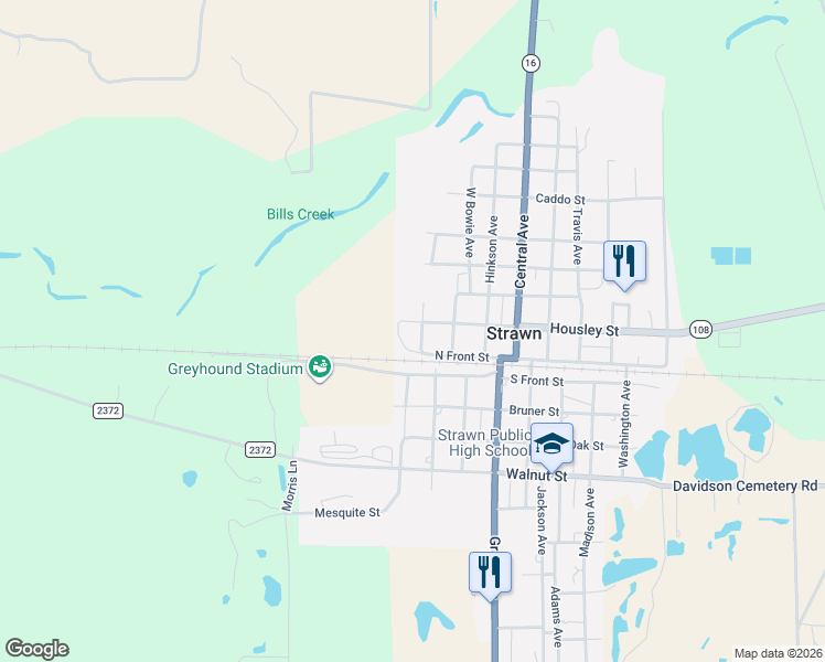 map of restaurants, bars, coffee shops, grocery stores, and more near 119 Austin Avenue in Strawn