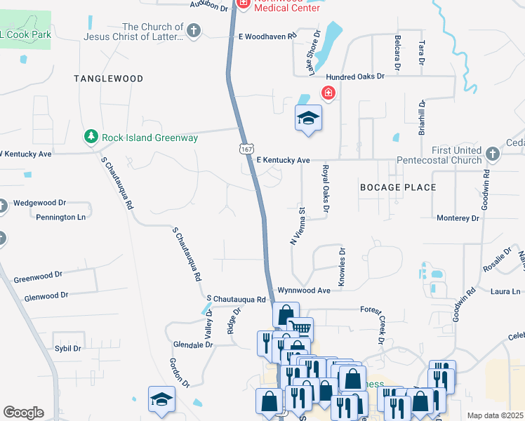 map of restaurants, bars, coffee shops, grocery stores, and more near 2110 North Trenton Street in Ruston